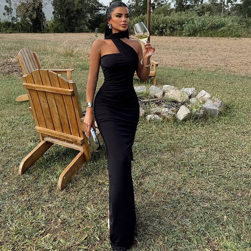 Women Clothing Solid Color Halter Dress Sexy Backless Ribbon Split Maxi Dress Bella Mia