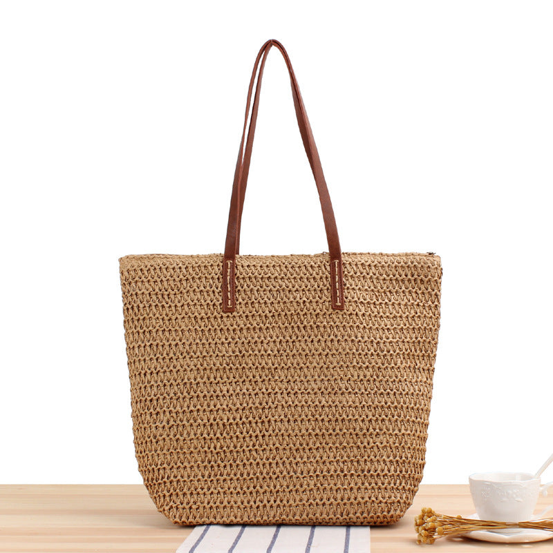 Solid Color Simple Shoulder Straw Bag Japanese Korean Woven Bag Daily Office Casual Vacation Women Bag Bella Mia