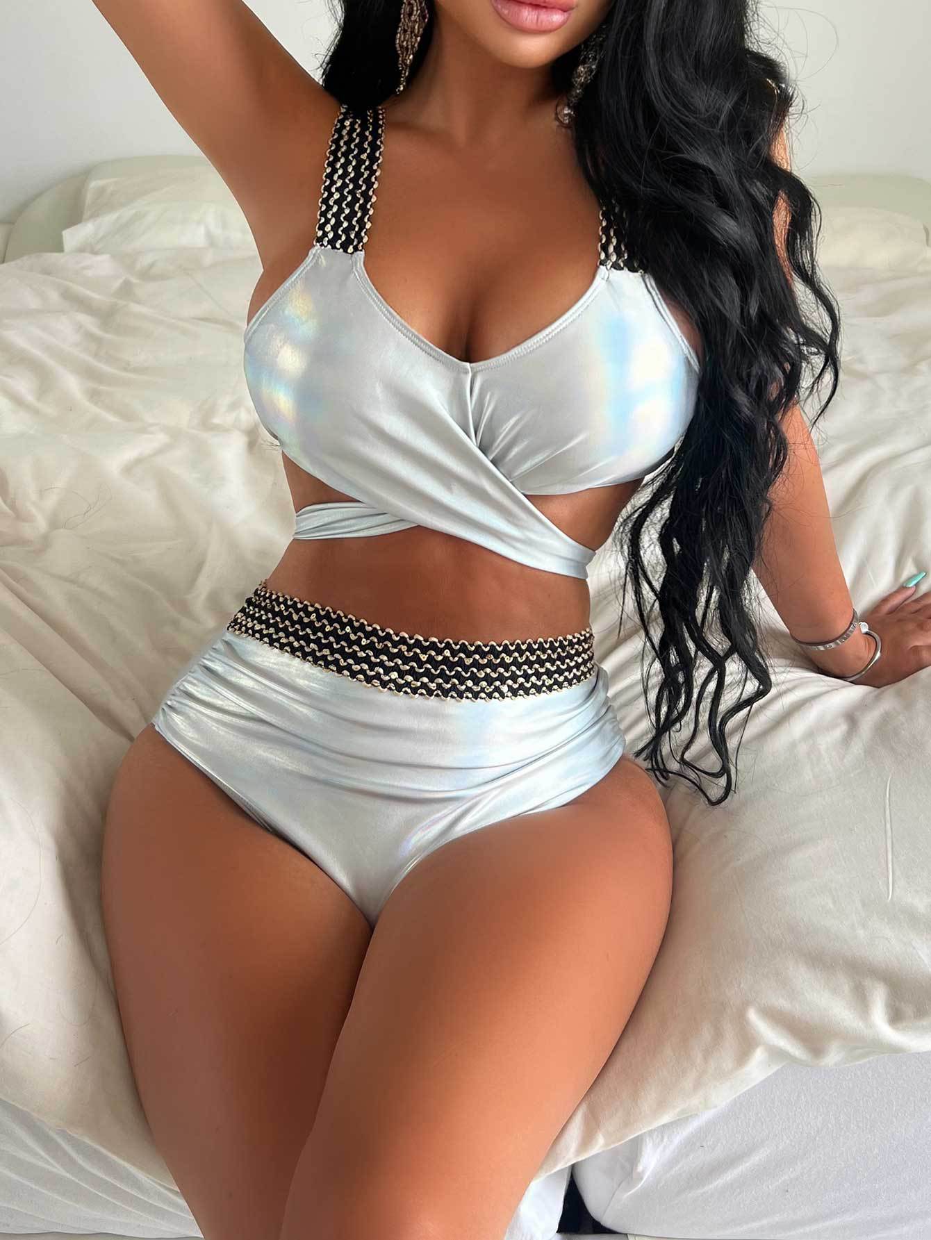 Metallic Coated Fabric Bikini Split Swimsuit Women Cross High Waist Swimsuit Gold Silk Belly Covering Vest Split Bikini Bella Mia