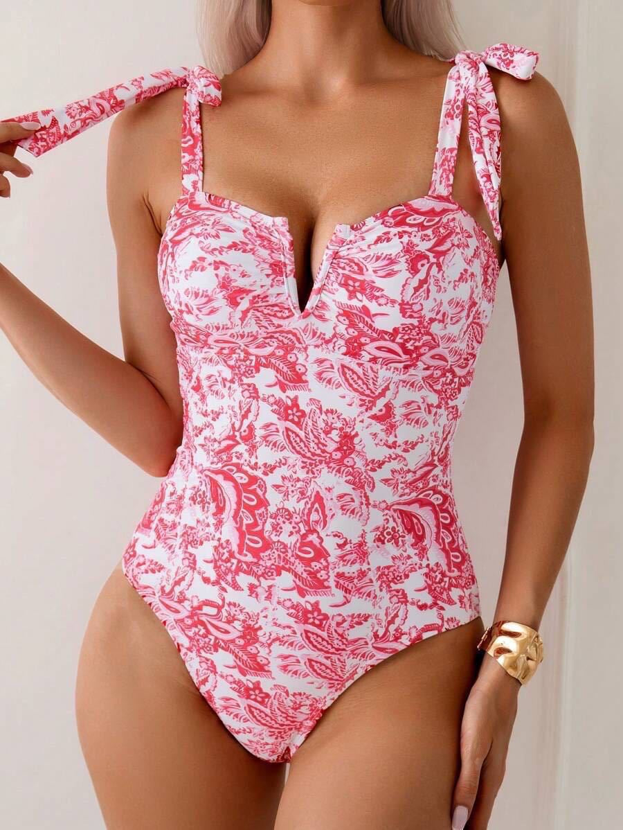 Bikini Siamese Conservative Swimsuit Digital Printed Belly Covered Slimming V Neckline Swimsuit Bella Mia
