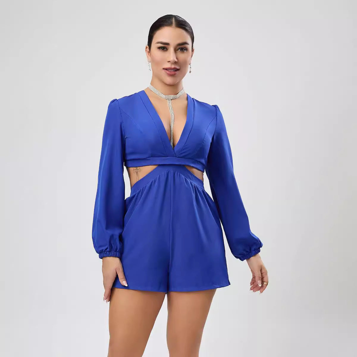 V neck Lace up Long Sleeved Jumpsuit Autumn Sexy Cutout Shorts Bella Mia