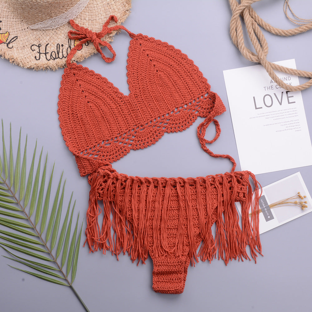 Vacation Sexy Characteristic Handmade Crochet Tassel Hollow Out Cutout out Strap Bikini Women Set Bella Mia