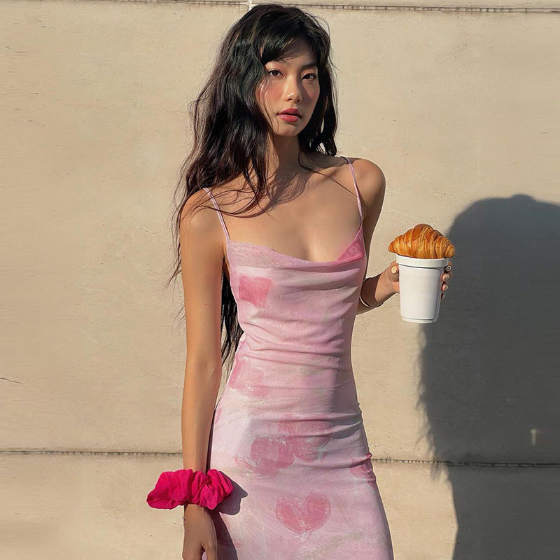 Women Clothing Summer Sexy Sweet Spicy off Neck Mesh Floral Print Long Sling Dress Bella Mia