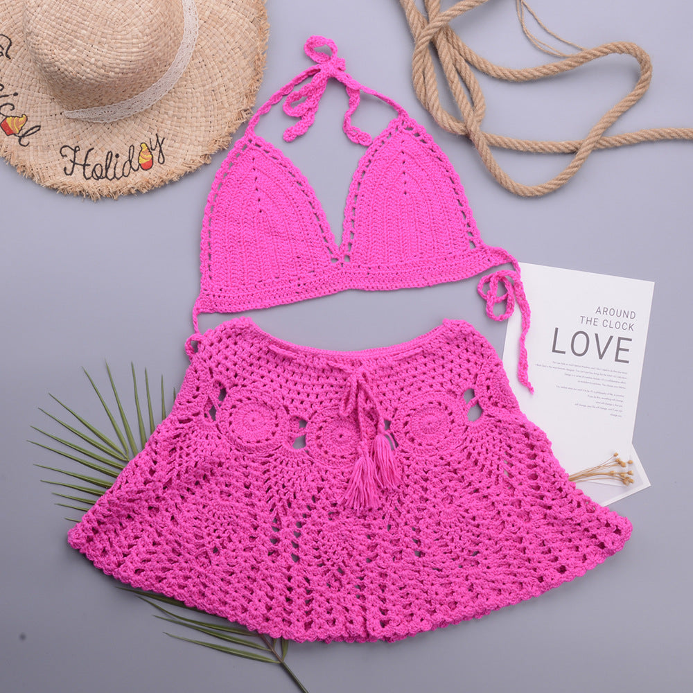 Hollowed out Lotus Bud Short Skirt Split Hand Woven Beach Swimsuit Vacation Two Piece Sets Bella Mia