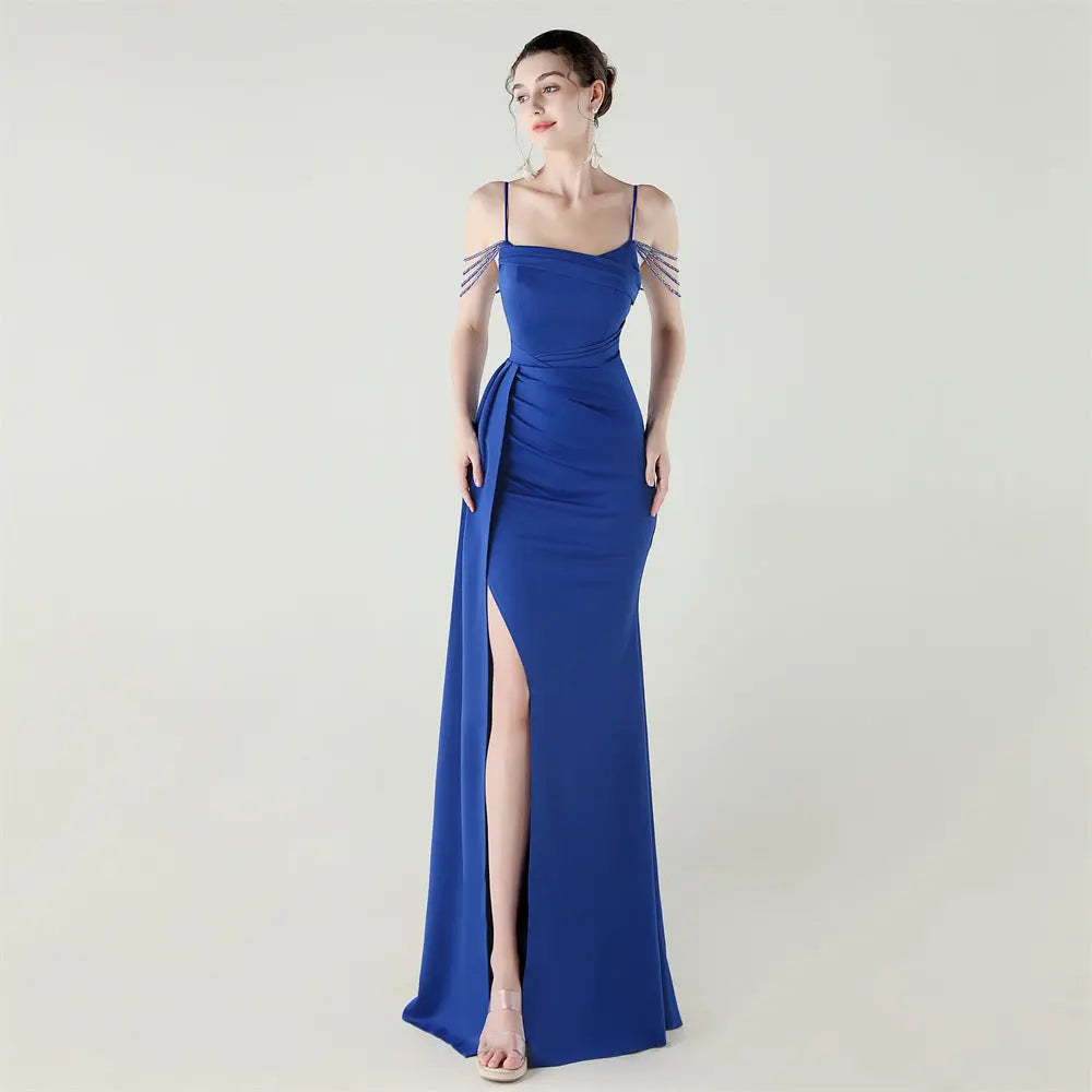 Bandeau Sling Satin Craft Beaded Chain Fishtail Evening Dress Dinner Wedding Ball Bella Mia