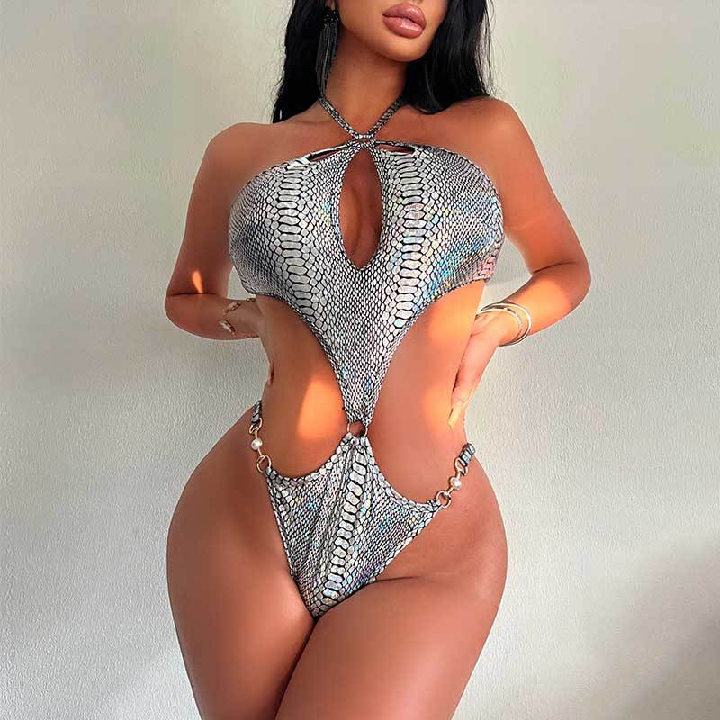 One Piece Hollow Out Cutout Sexy Pearl Buckle Halter Women Swimsuit Bikini One Piece Swimsuit Bella Mia