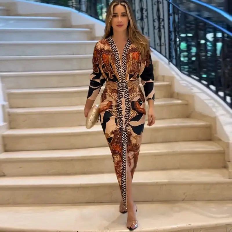 Spring Women Wear Short Sleeve V neck Slim Print Dress Bella Mia