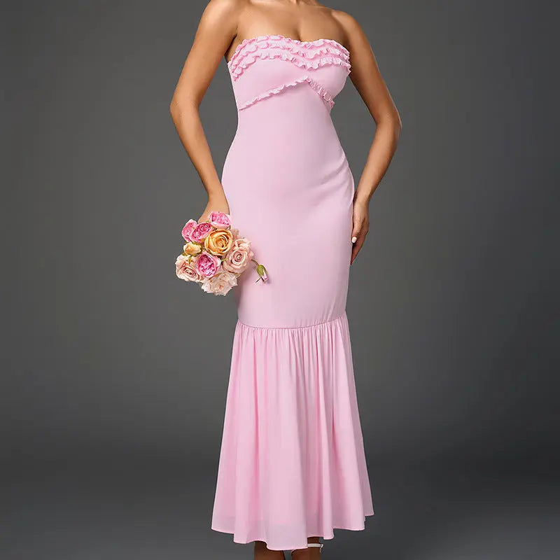Chiffon Strapless Tube Top Maxi Dress Backless With Smocked Ruched Details Bella Mia