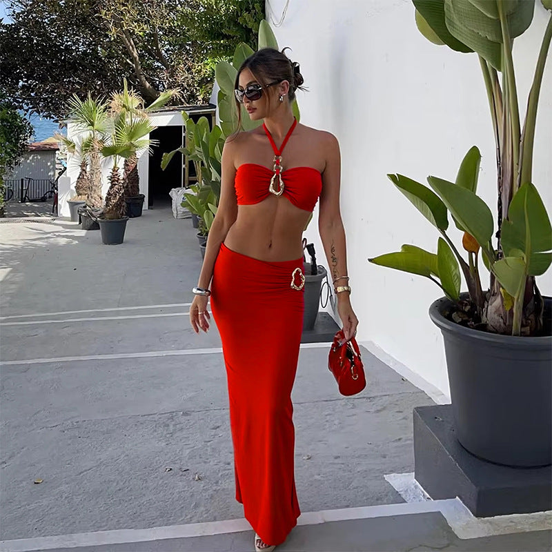 White Halter Bikini Three Piece Sets Sexy Swimsuit Long Skirt Women Split Solid Color Bikini Bella Mia