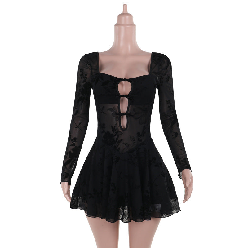 Sexy See through Hollow Out Cutout Flocking Women Sexy Slim Hip Dress Bella Mia