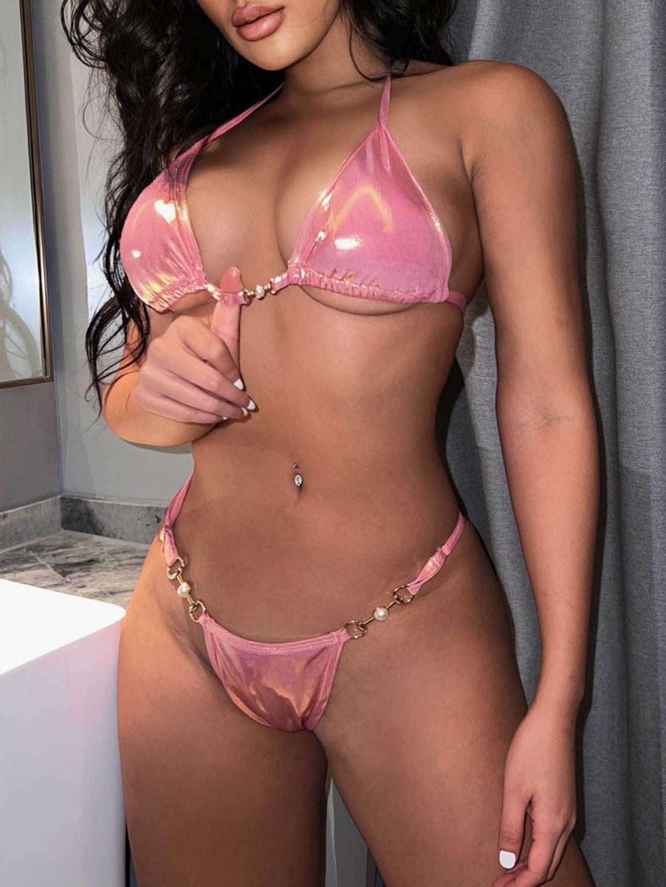 Swimsuit Split Swimsuit Pink Bronze Halter Lace up Sexy Backless Swimsuit Bikini Bella Mia