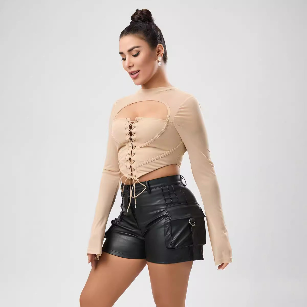 Sexy Women Autumn Solid Color Casual Backless Half High Collar Long Sleeves Strap Mesh Slim Fit Short Top Bella Mia