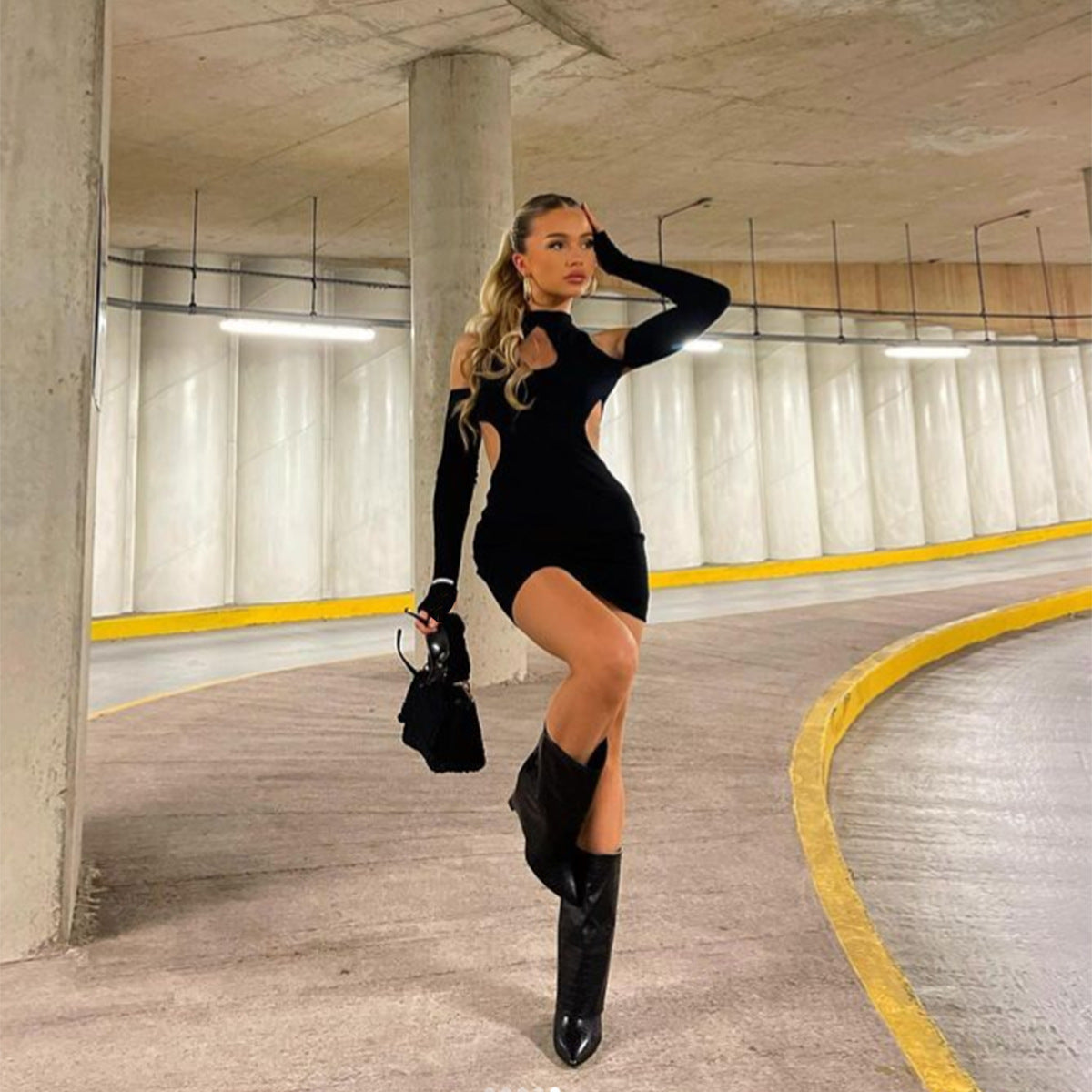 Autumn Winter Solid Color Sexy Cutout off Shoulder Halter Skinny Sheath Dress for Women Bella Mia