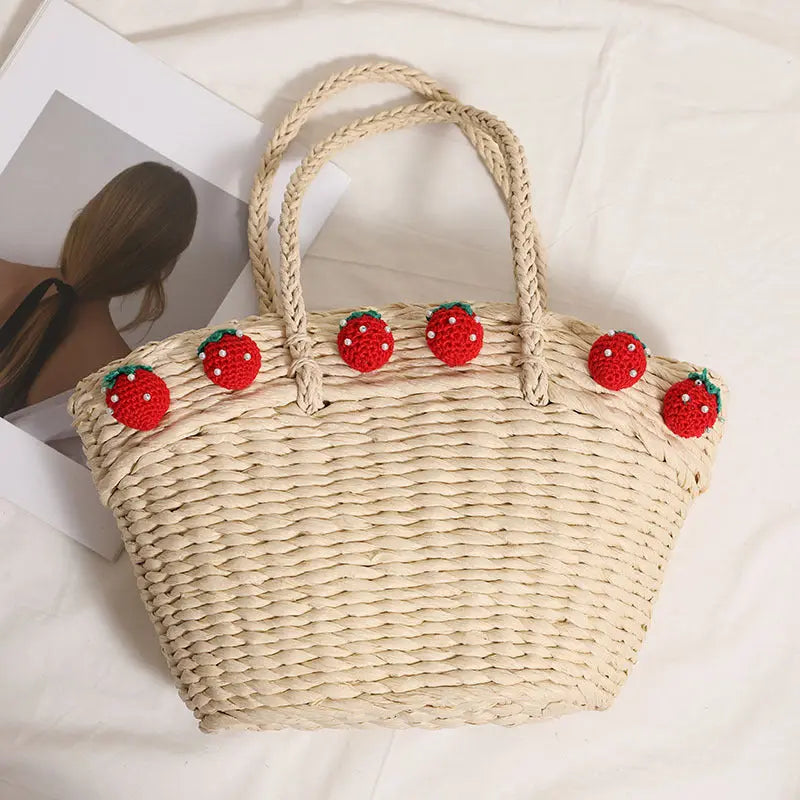 Strawberry Straw Basket Bag With Handles Large Capacity Beach Tote Bella Mia