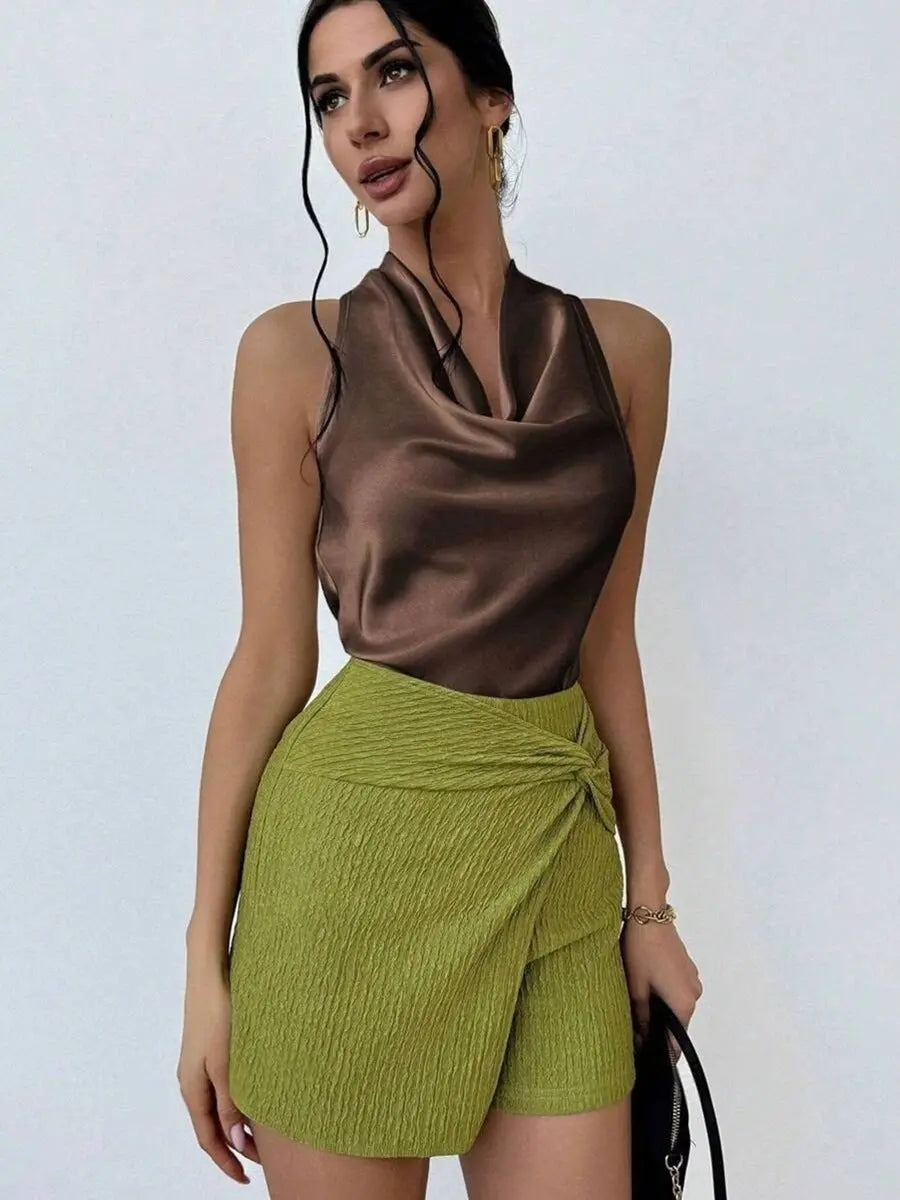 Elegant Satin Halter Tank Top Sleeveless With Cowl Neck And Tie Detail Bella Mia