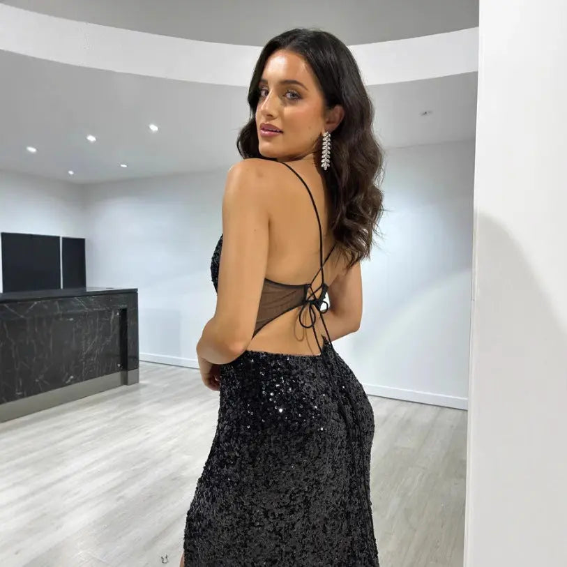 Sequined Halter Neck Split Maxi Dress Backless Zipper Slim Fit Formal Bella Mia