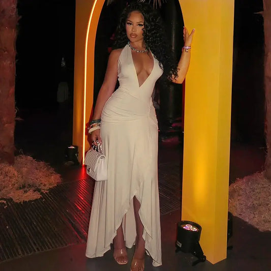 Women Clothing Waist Slimming Solid Color Hip V neck Pleated Draped Chest Wrapped Dress Bella Mia