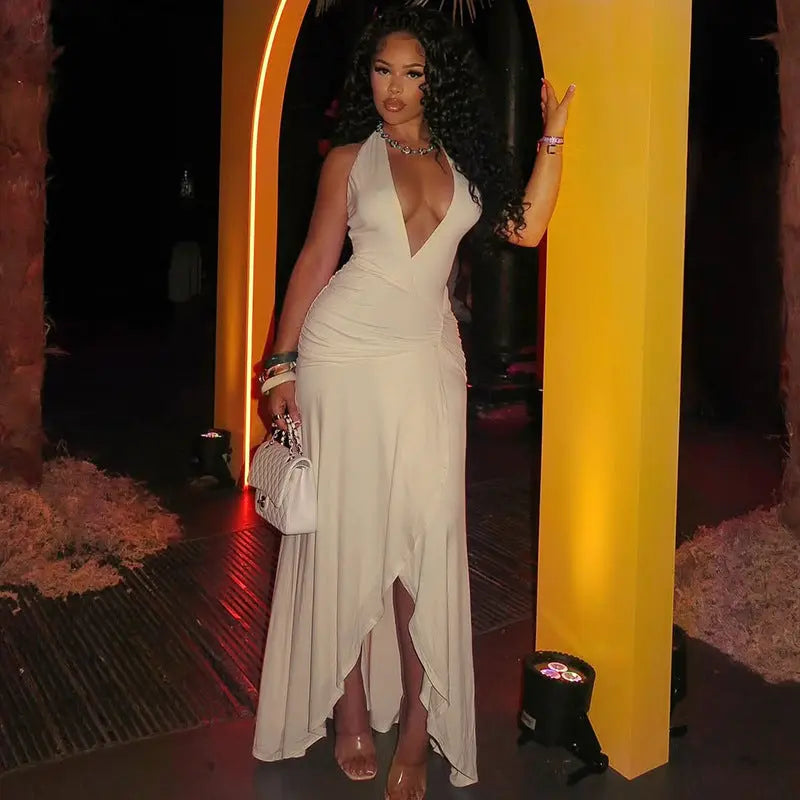 Women Clothing Waist Slimming Solid Color Hip V neck Pleated Draped Chest Wrapped Dress Bella Mia