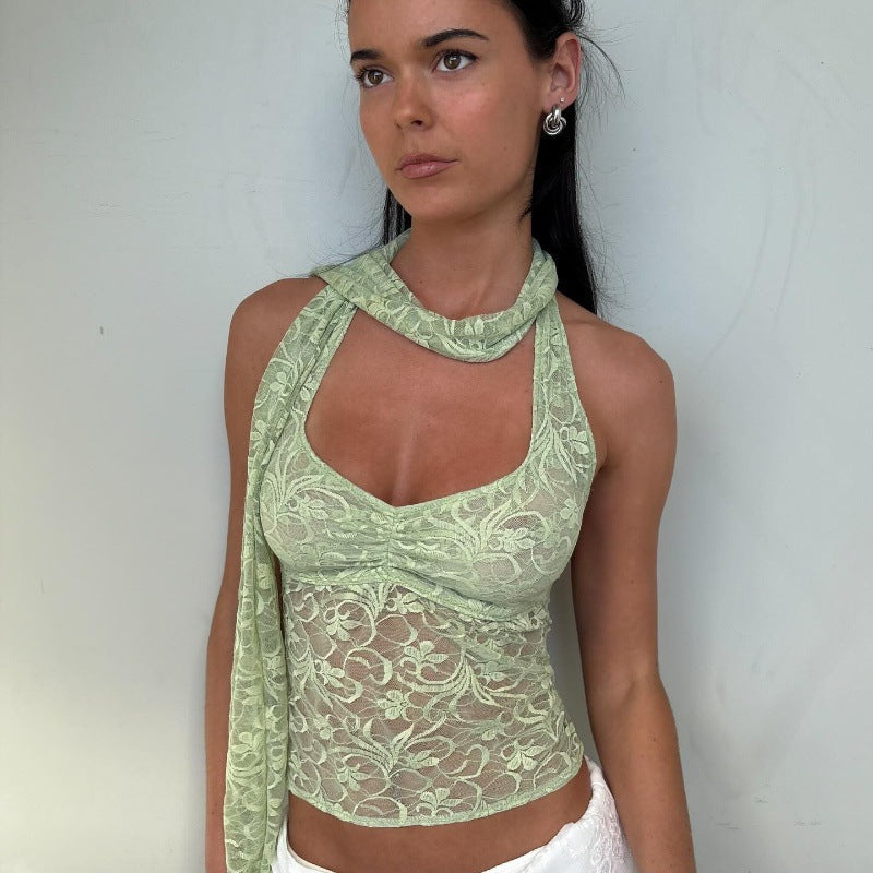 Women Clothing Summer Sexy Lace See through Decorative Ribbon Short Halterneck Vest Top Bella Mia