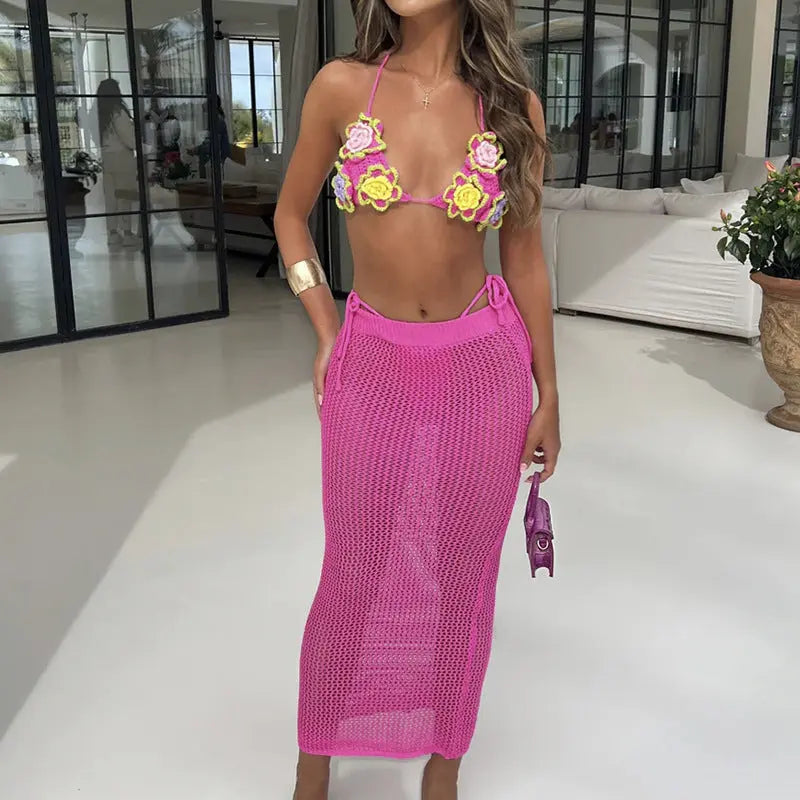 Boho Hollow Out Maxi Beach Cover Up Set With Back Strap Sun Protection Bella Mia