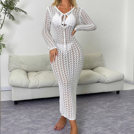 Beach Vacation Deep V Plunge Lace up Cutout Slim Fit Long Sleeve Dress Beach Sun Protection Blouse Dress Bella Mia