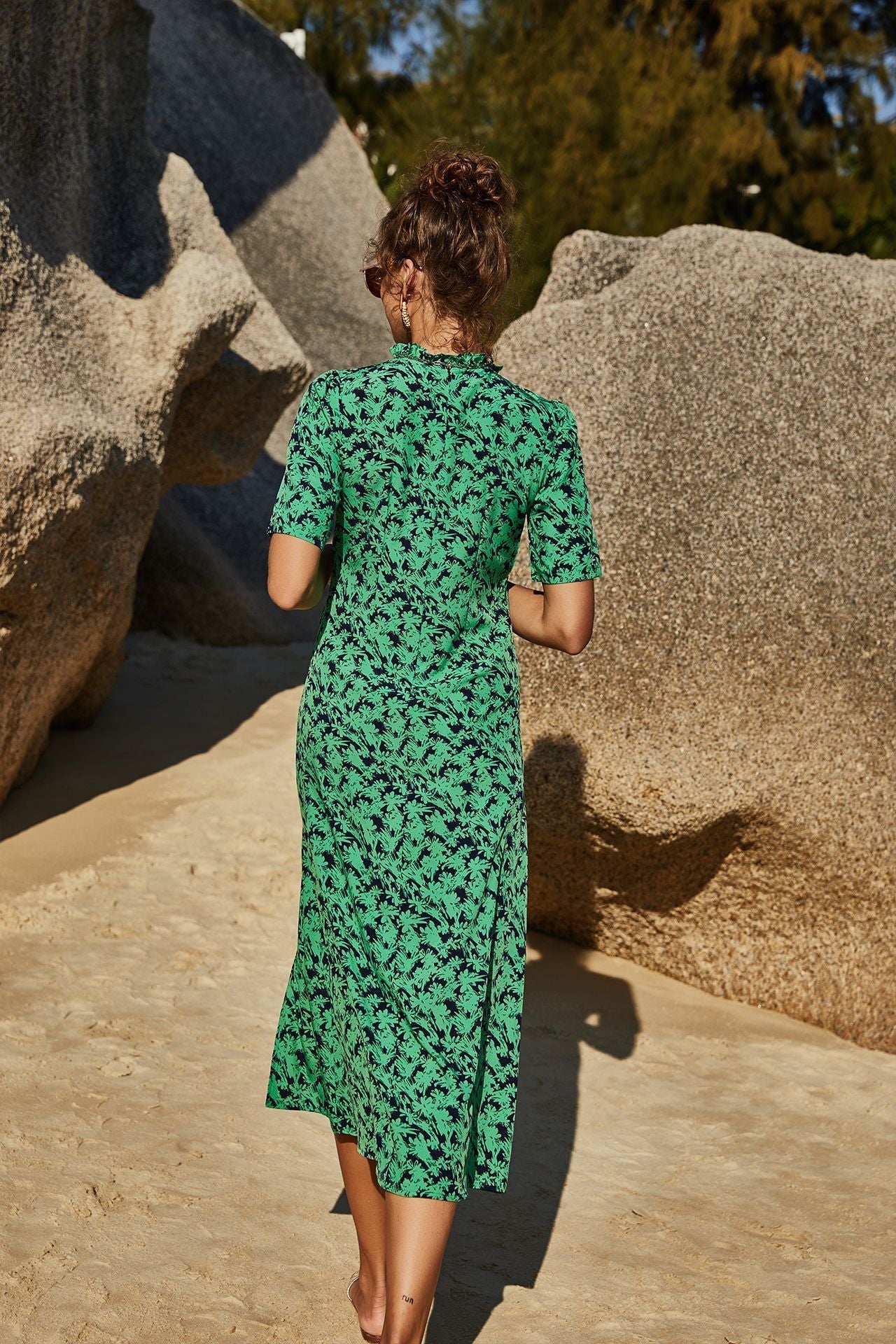 Summer Women Clothing Slimming Sheath Slit Slim-Fitting Floral Short Sleeve Vacation Large Swing Dress Bella Mia