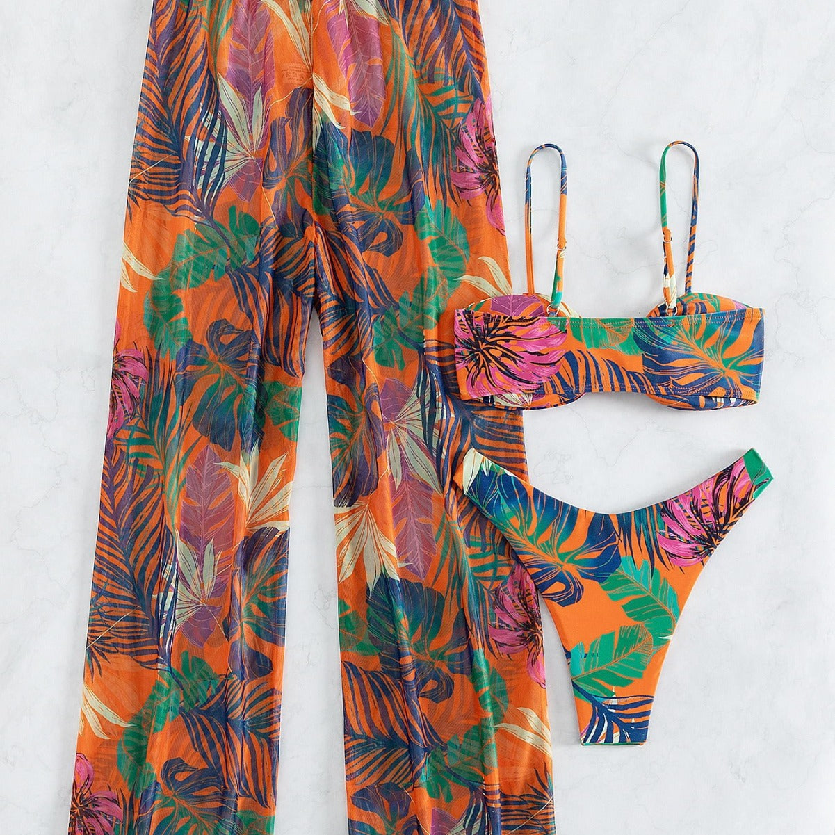 Plant Print Spaghetti Strap Buckle Tube Top High Cut Briefs Trousers Split Three Piece Bikini Bella Mia