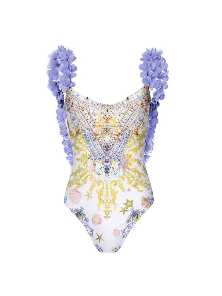 Printing Swimsuit Petals Cover Belly Backless Swimsuit Bella Mia