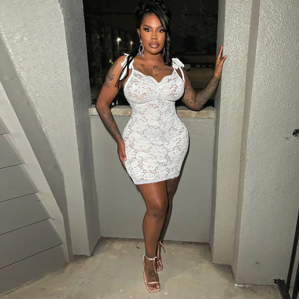 Sexy Women Clothing See through Slim Fit Lace up Sling Floral Lace Sheath Dress Bella Mia