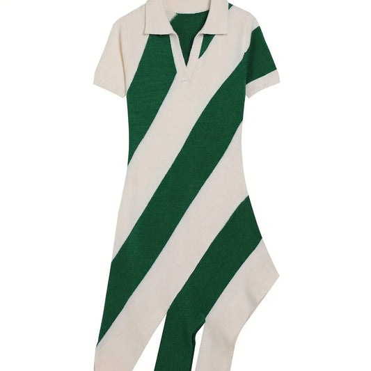 Slim Fit Knitted Dress Collared Polo Collar Tassel Striped Color Matching Personality Short Sleeve Dress Bella Mia