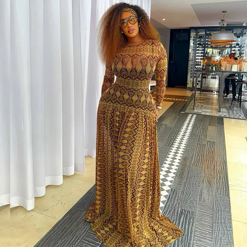 Elegant Retro Waist Slimming A Line Maxi Dress With Printed Pattern Long Sleeves Bella Mia