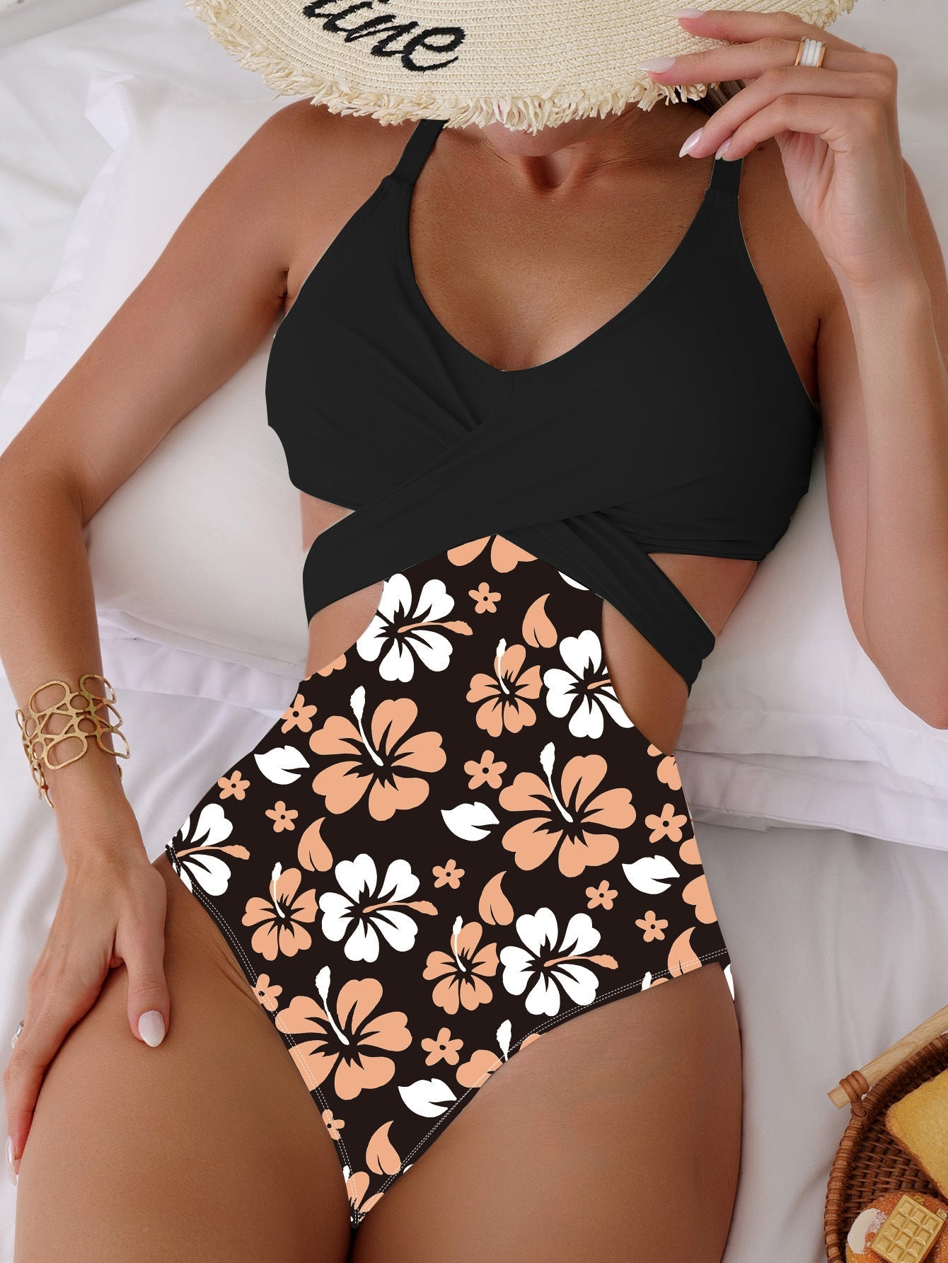 Bikini Printing Hollow Out Cutout Out Tied Sexy Siamese Bikini Swimsuit Swimwear Women Bella Mia