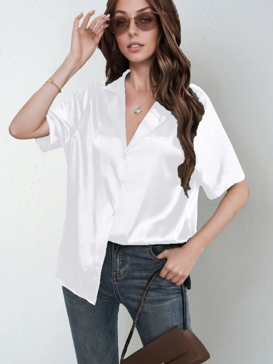 Popular Real Shot Shirts Collar Satin Shirt Women Satin Artificial Silk Short Sleeve Shirt Amoi Women Clothing Bella Mia