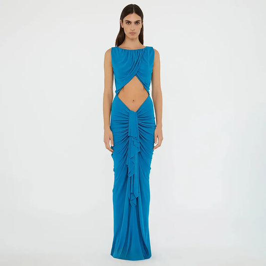 Elegant Stitching Sexy Dress Blue Hollow Out Cutout High Waist Slim Fit Dress Women Bella Mia