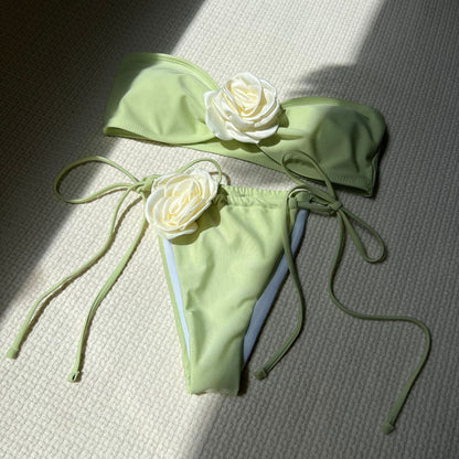 Solid Color Rose Tube Top Drawstring Strap Split Swimsuit Bikini