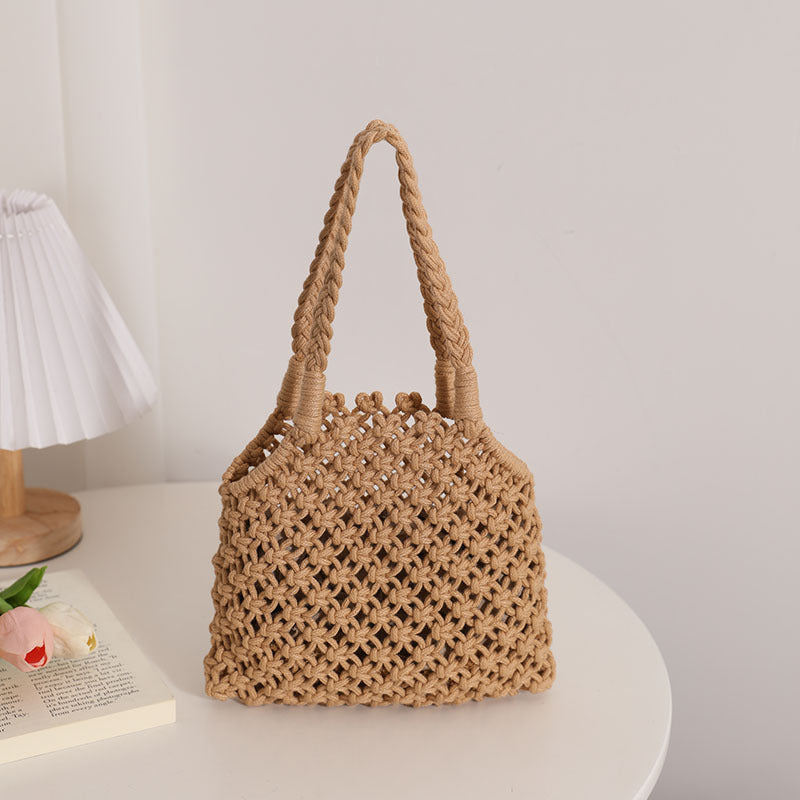 Hollow Out Cutout Cotton Thread Woven Bag Summer Cotton String Women Bag Portable Solid Color Straw Bag Vacation Beach Bag Bella Mia