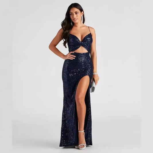 Women Beaded Sequin Maxi Dress With V Neck Cutouts For Cocktail Nightclub Bella Mia