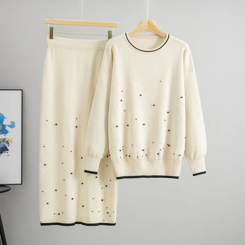 High Waist Beaded Stripe Jersey Two Piece Set Long Sleeve Top Midi Skirt Bella Mia