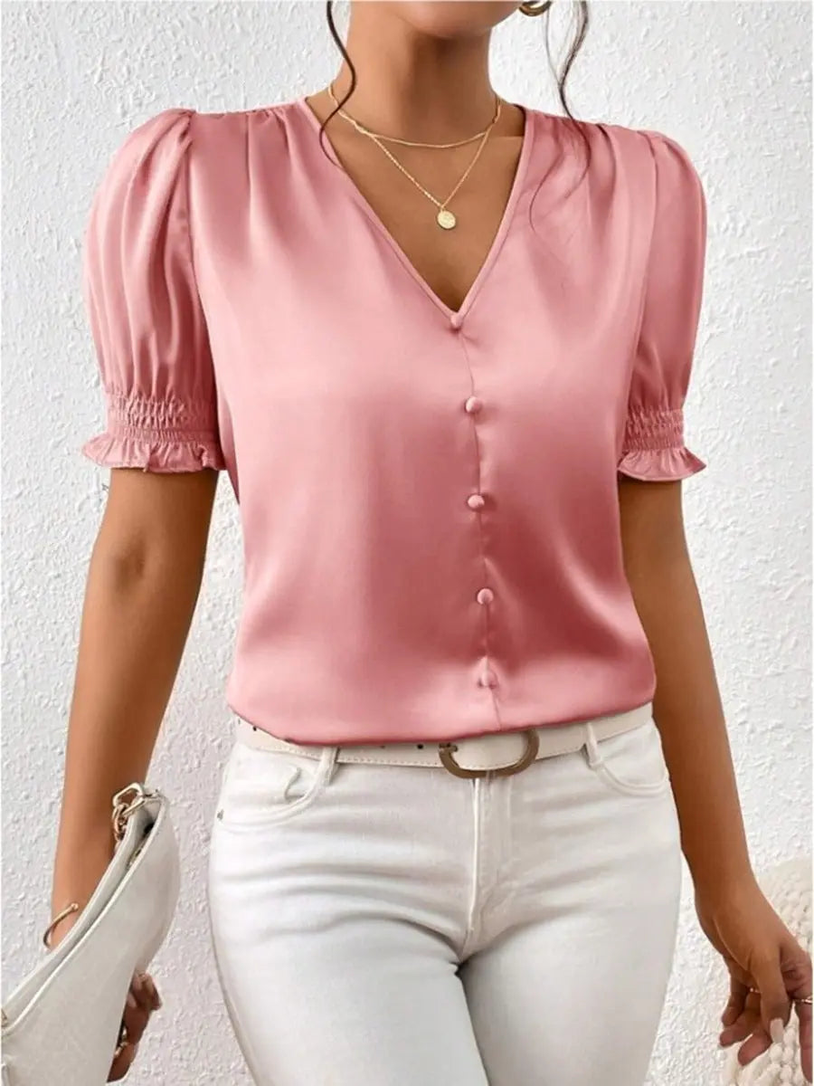 Satin V neck Buttons Shirt Spring Autumn French Casual Short Sleeve Ruffle Blouse Bella Mia