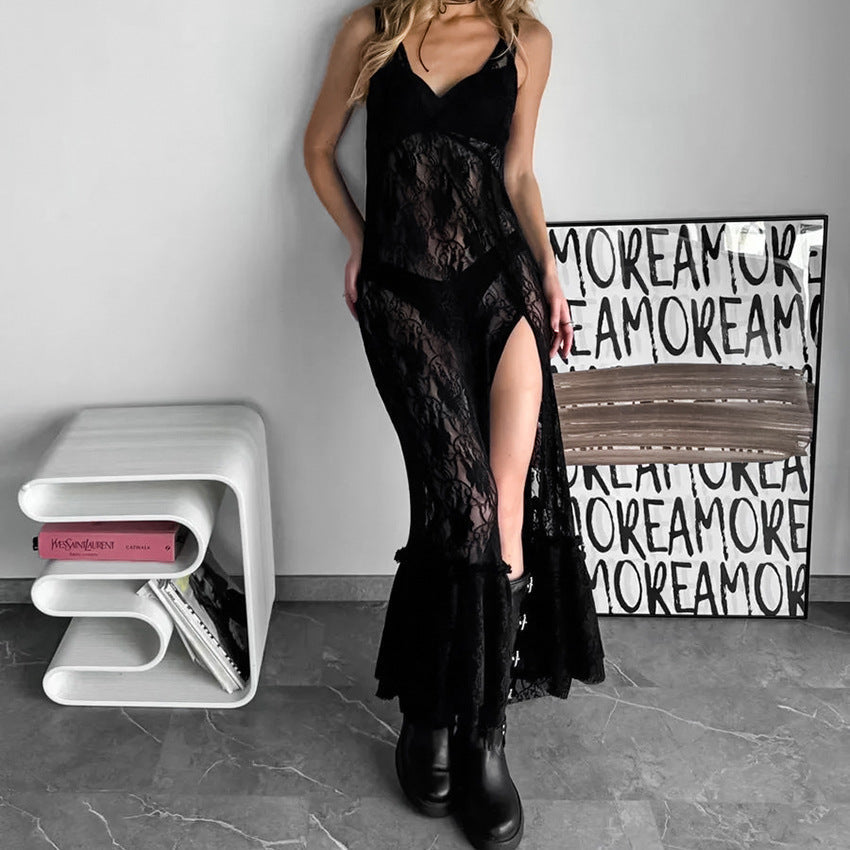 Sexy Black Brocade Lace Strap Maxi Dress Stitching Hollow Out Cutout out See through Dress Bella Mia