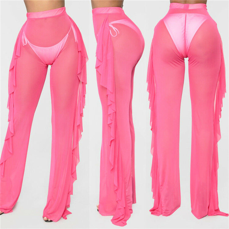 Ruffled Solid Color Casual Sexy Yarn Pants See through Women Beach Vacation Trousers Bella Mia