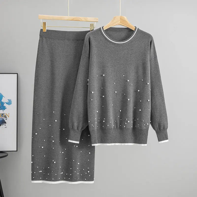 High Waist Beaded Stripe Jersey Two Piece Set Long Sleeve Top Midi Skirt Bella Mia