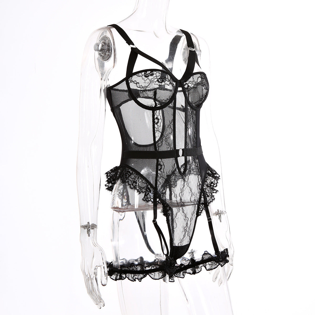 Sexy Lace Lace Cutout See through Sling One Piece Sexy Lingerie Jumpsuit with Leg Ring Bella Mia