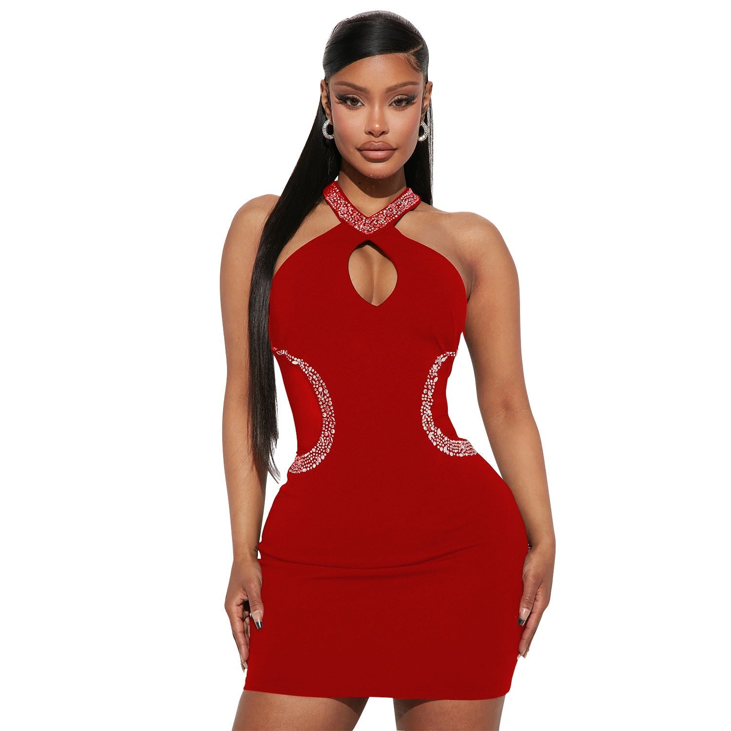 Summer Women Clothing Sexy Tight Hollow Out Cutout Rhinestone Halter Dress for Women Bella Mia