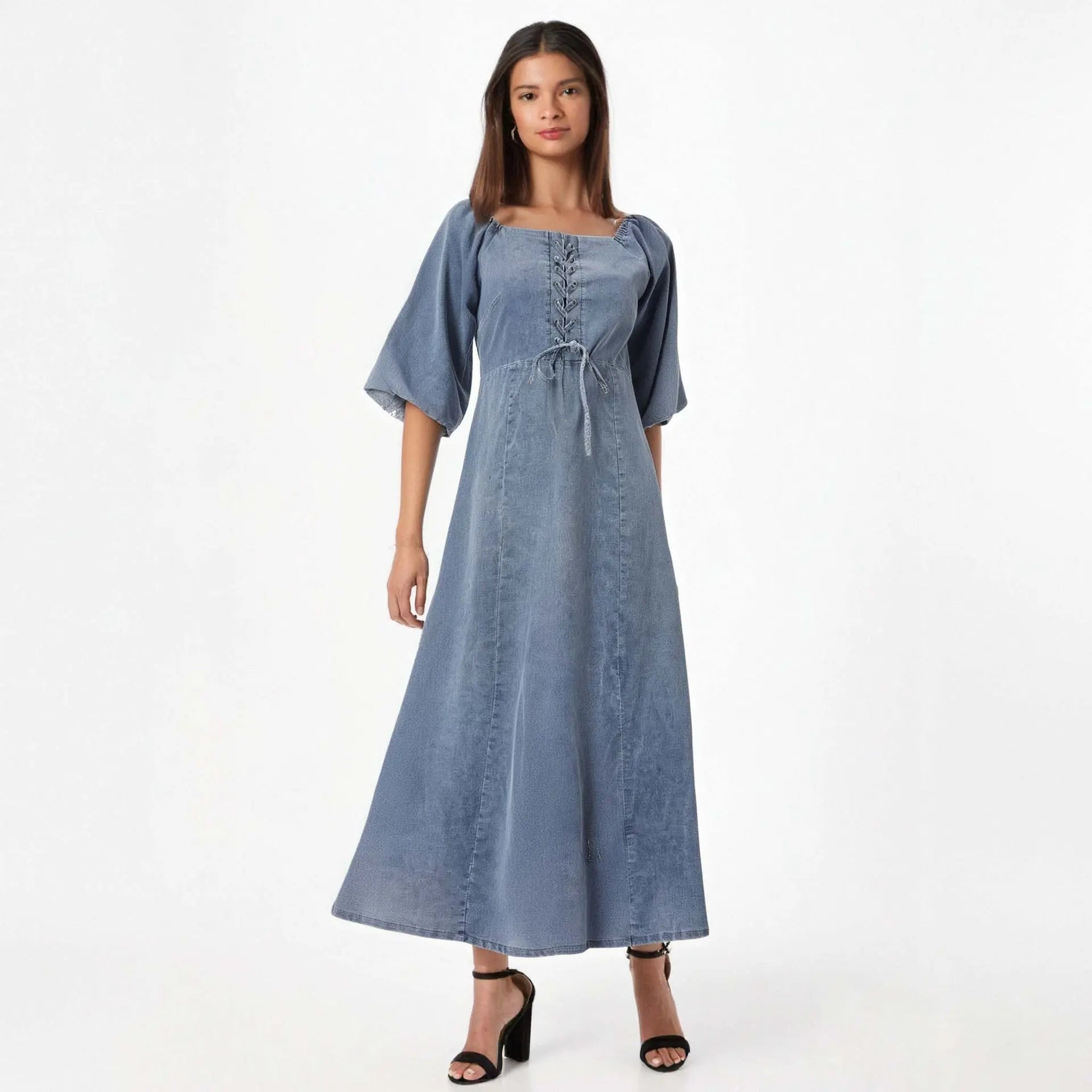 Square Neck Denim Midi A Line Dress With Puff Sleeves Zipper And Lace Up Bella Mia