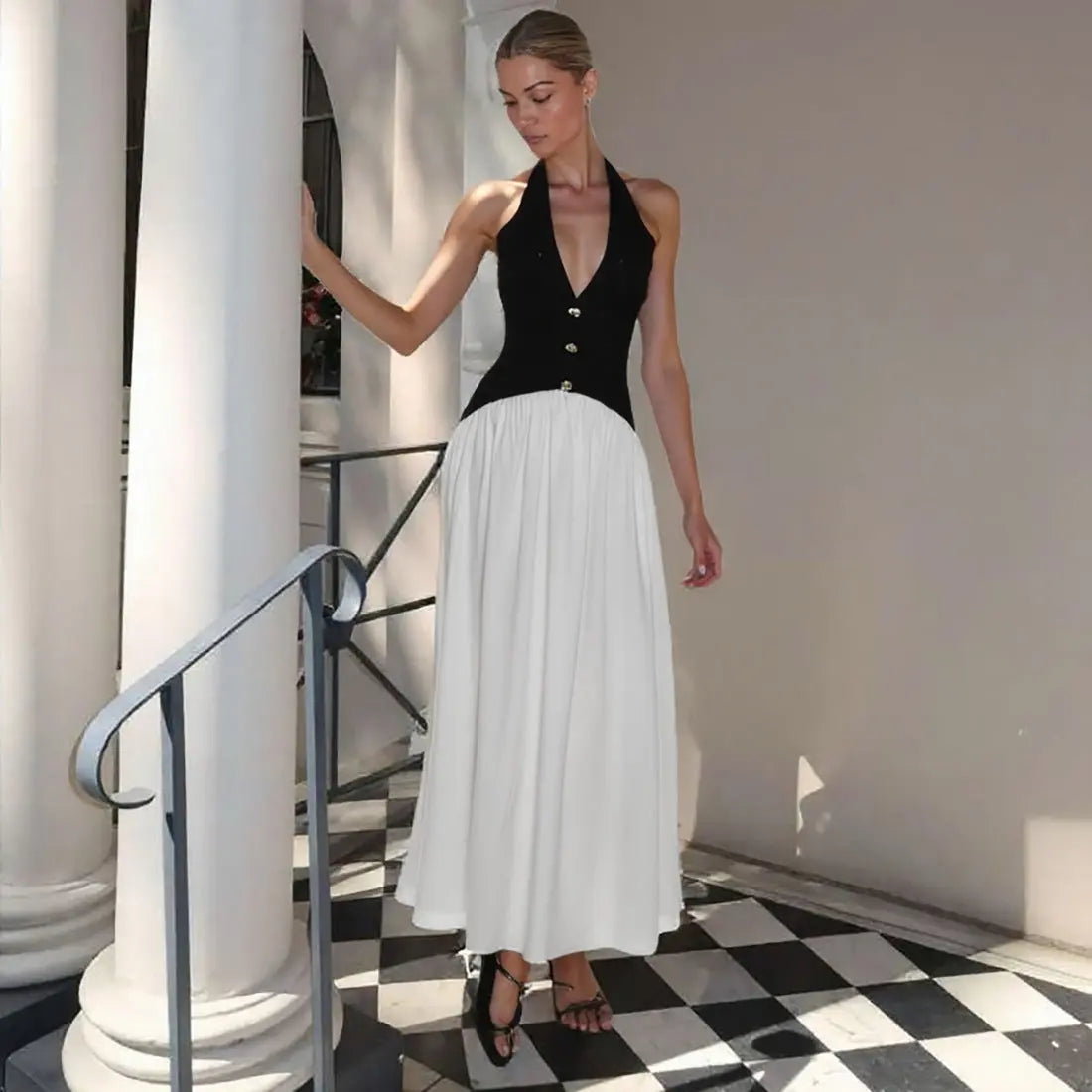 Fall Women Clothing French Sexy Halter Backless Contrast Color Fastener Decoration Dress Bella Mia