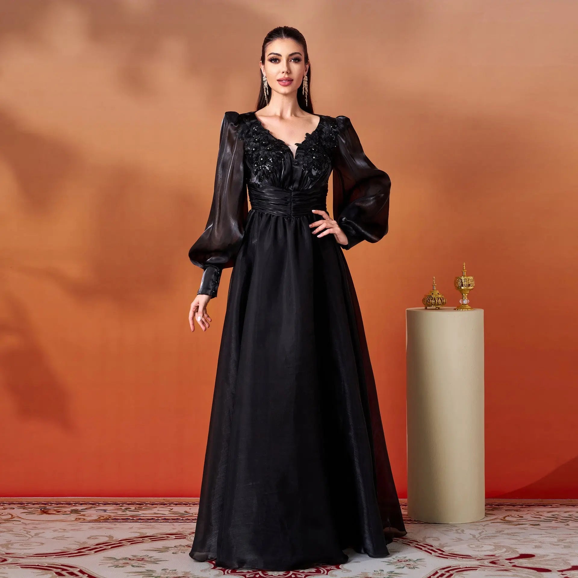 Women Clothing Advanced Long Sleeve V neck Lace Cocktail Large Swing Evening Dress Bella Mia