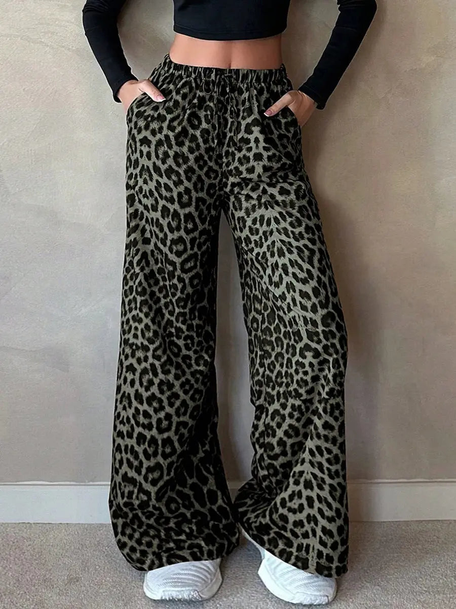 Women Clothing Satin Casual Pants Fall High Waist Leopard Print Loose Straight Satin Wide Leg Pants Bella Mia