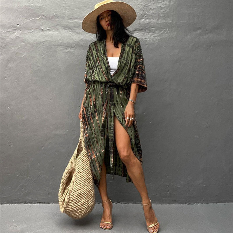 Rayon Printed Beach Cover-up Sexy Cardigan Belt Sun Protection Shirt Beach Cover Up Bella Mia
