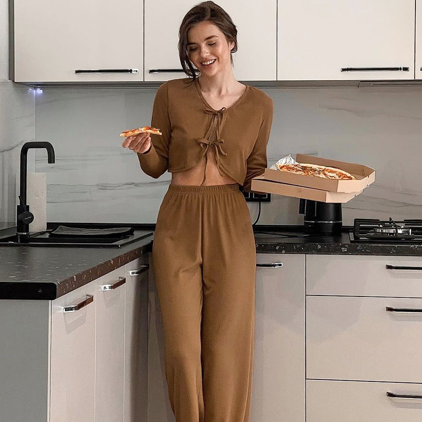 Autumn Winter Long Sleeve Lace up Trousers Two Piece Pajamas Knitted Sunken Stripe Ladies Homewear Bella Mia